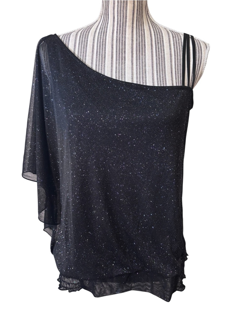 6 degrees Tunic Top XL Black One-Shoulder Sparkle with Strappy Shoulder